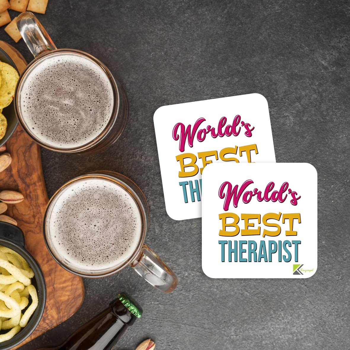 WB044 World's Best Therapist MDF Wooden Coaster by Kruzroyal | Gift for Therapist | Unique Novelty Present | 9cm x 9cm | Coffee Tea MDF Wooden Coaster