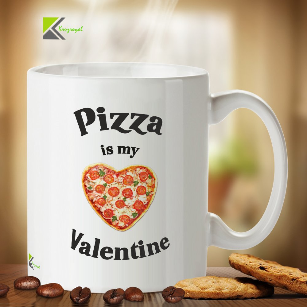 Kruzroyal Funny Valentine's Day Mug, Pizza is My Valentine Heart Design, Novelty Anti-Valentine or Foodie Gift for Singles & Couples, White Ceramic, 11 oz