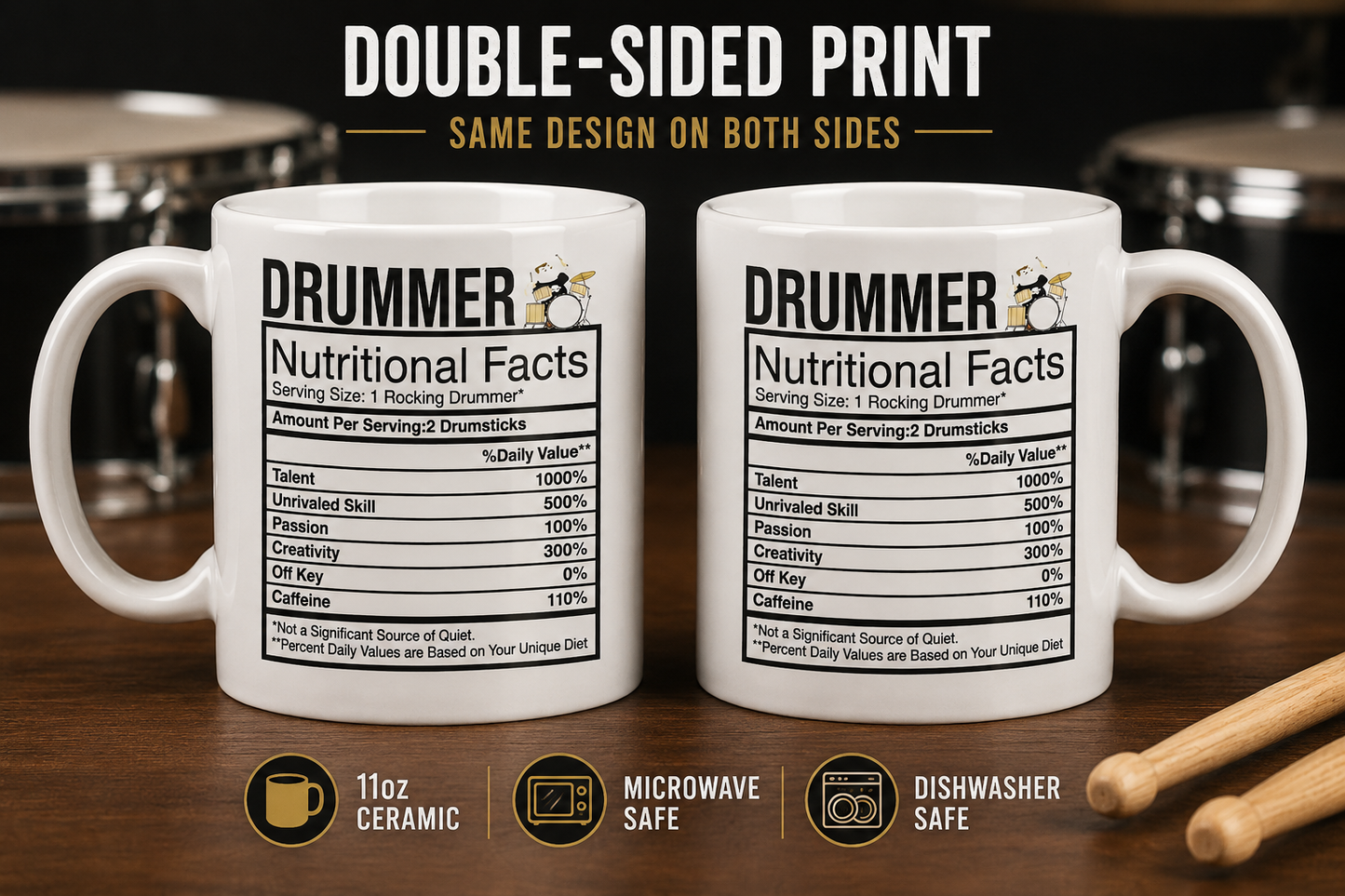 Kruzroyal Drummer Mug Gift for Men & Dad - Funny Nutritional Facts 11oz Ceramic Coffee Cup - Music Gifts for Drummers & Musicians