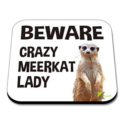 CS061 Beware crazy meerkat lady Novelty Funny Coffee Tea Drink Gift Glossy MDF Wooden Coaster | Gifts for Her, Women, Mum, Friend | Birthday & Animal Lover Present