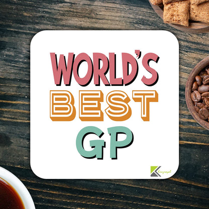 WB080 World's Best GP MDF Wooden Coaster by Kruzroyal | Gift for GP | Unique Novelty Present | 9cm x 9cm | Coffee Tea MDF Wooden Coaster