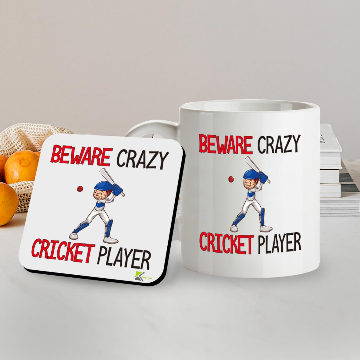 Kruzroyal SM086 Beware Crazy Cricket Player - 11OZ Mug & Matching Coaster Set for Cricket Fan