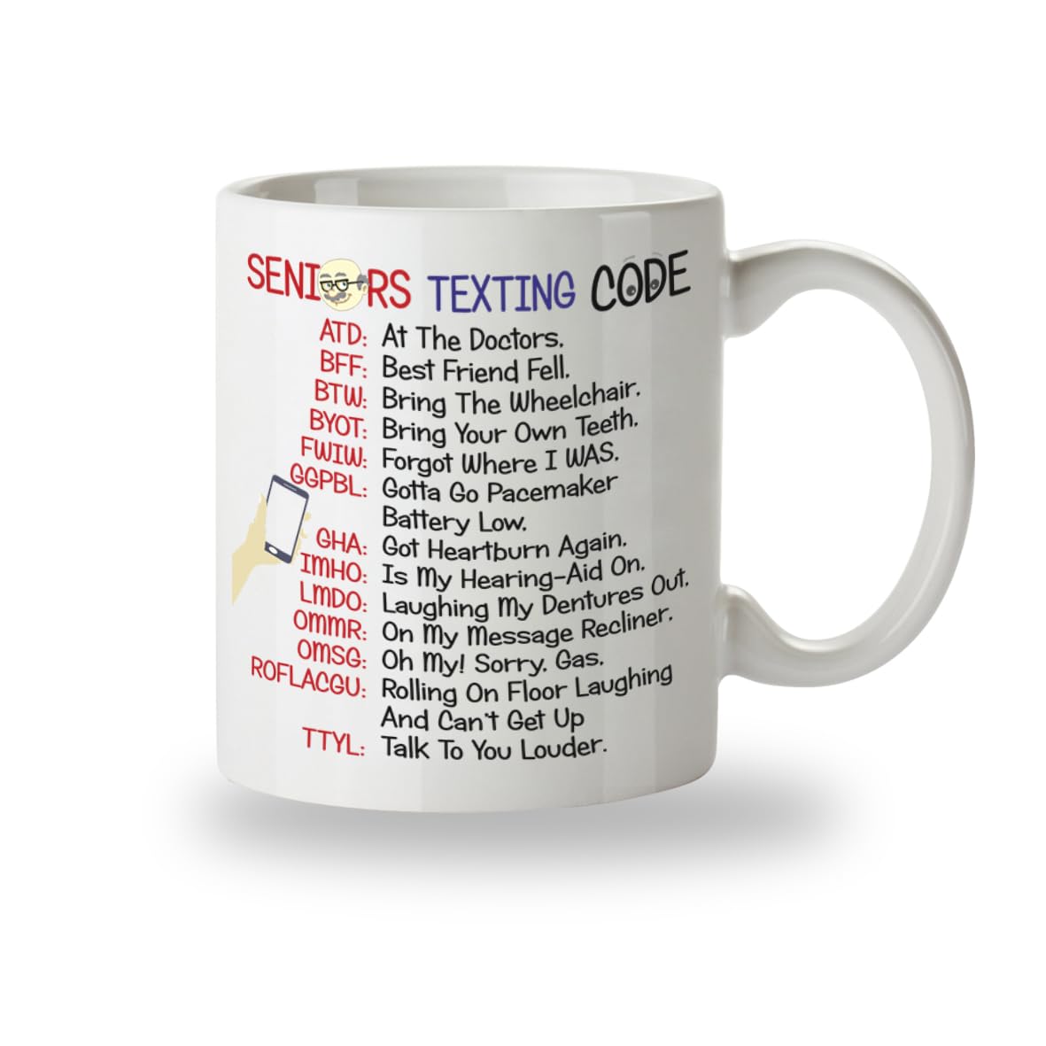 Kruzroyal Seniors Texting Code Funny Mug, Novelty Coffee Cup, Retirement Gift for Grandparents, Mum or Dad