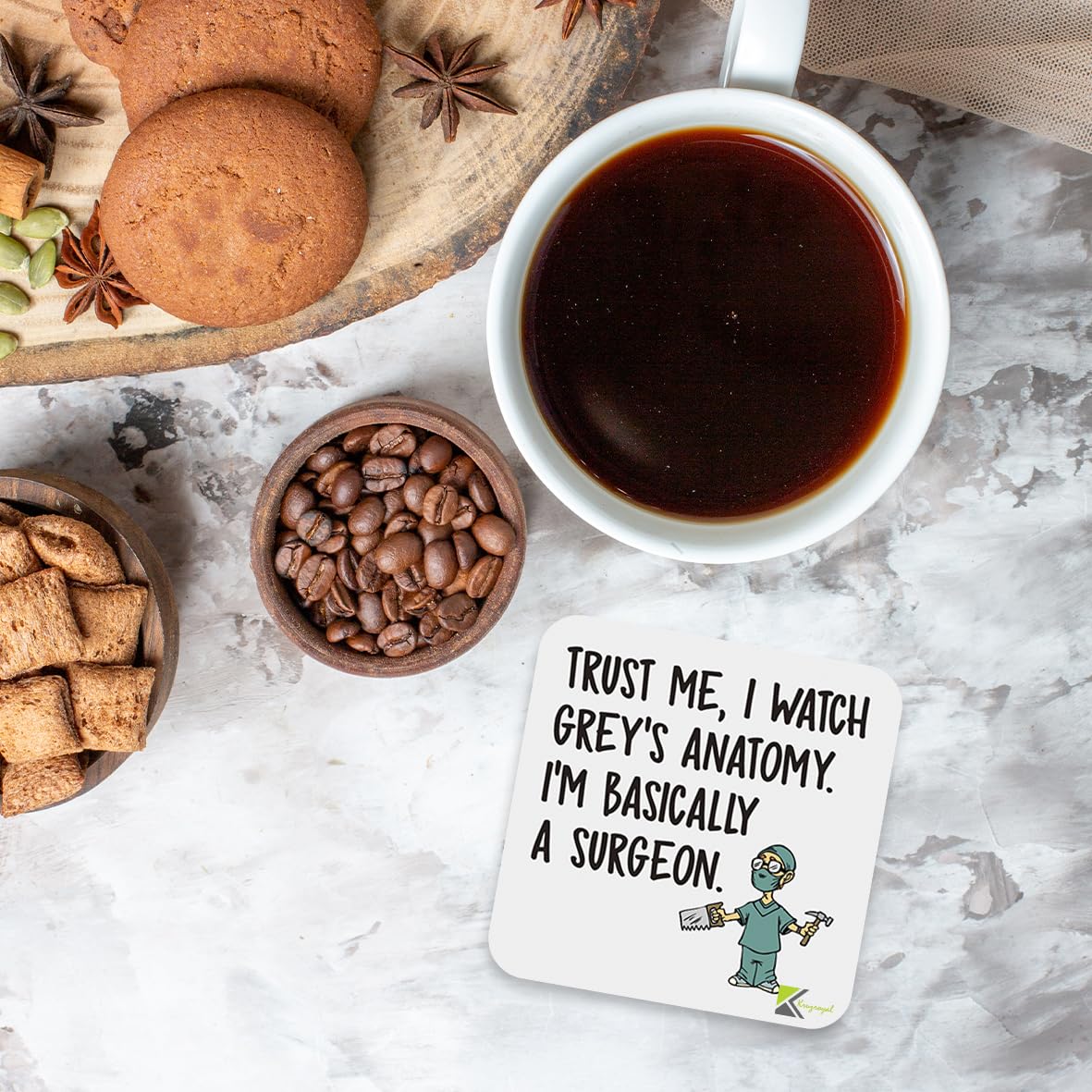 CS834 Trust me, i watch grey's anatomy. I'm basically a surgeon Novelty Funny Coffee Tea Drink Gift Glossy MDF Wooden Coaster | Gifts for Women, Men, Nurses, Doctors