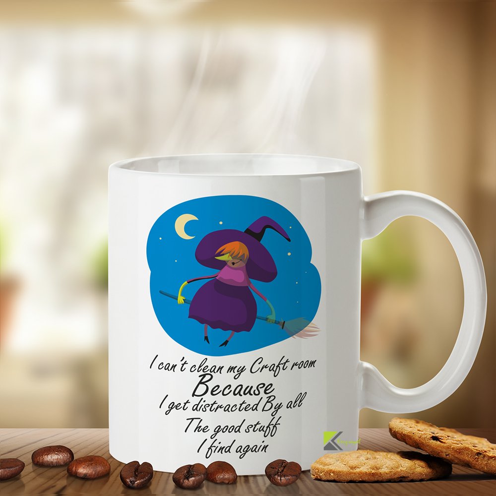 Kruzroyal Funny Craft Room Mug - I Can't Clean My Craft Room Quote - Novelty Gift for Crafters, Sewing, Knitting & DIY Enthusiasts - Ceramic Coffee Tea Cup Present for Her