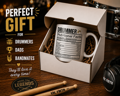 Kruzroyal Drummer Mug Gift for Men & Dad - Funny Nutritional Facts 11oz Ceramic Coffee Cup - Music Gifts for Drummers & Musicians