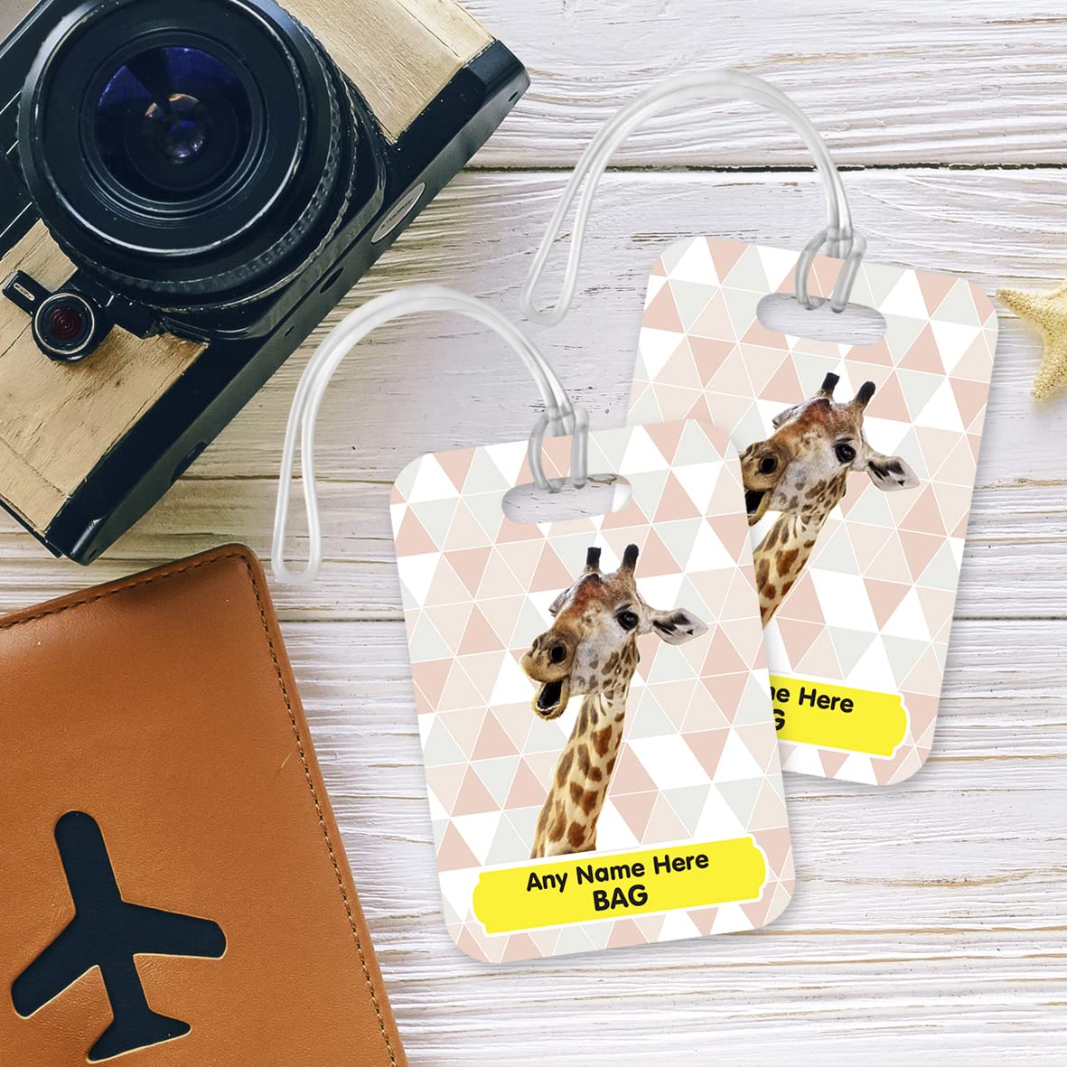 PLT250 Personalised Name's Bag with Giraffe Image Novelty Funny Unique Designer Gift Glossy Plastic Suitcase Luggage Tag