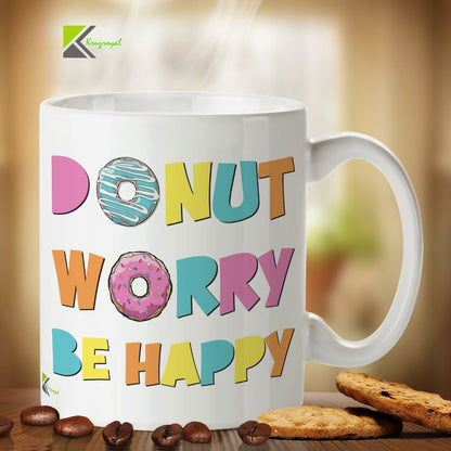 Kruzroyal Cute Donut Mug, Donut Worry Be Happy Pun Design, Funny Inspirational Gift for Women, Kids or Friend, White Ceramic Novelty Coffee Tea Cup, 11 oz DZ124