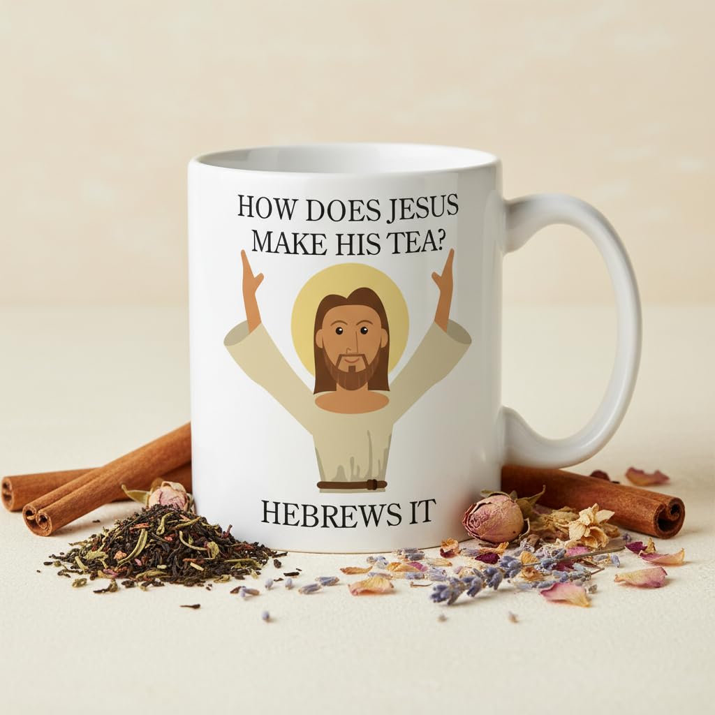 Kruzroyal Funny Jesus Mug - How Does Jesus Make His Tea? Hebrews It - Novelty Tea Coffee Mug, Funny Christian Gift, Secret Santa, Birthday Present