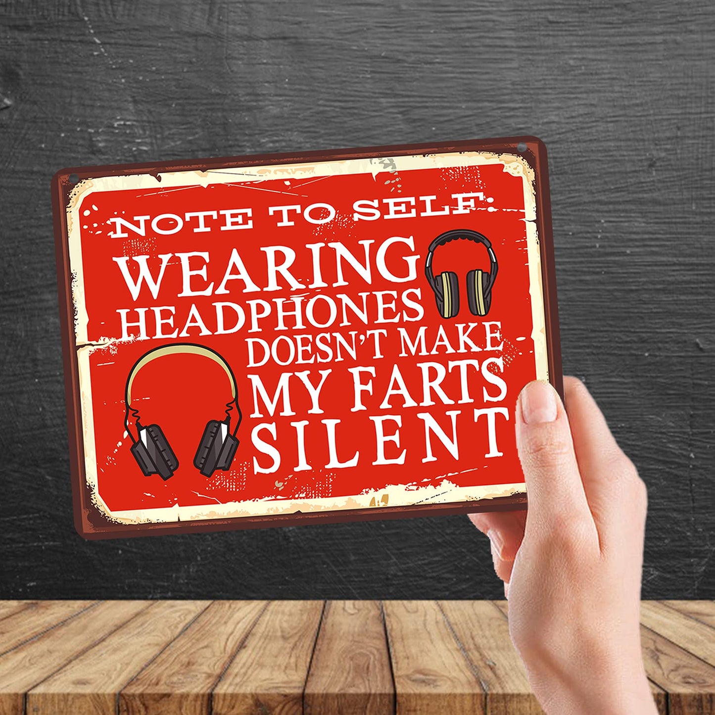 Kruzroyal MP198 Note to Self: Wearing headphones doesn't make my farts silent Funny Novelty Retro Vintage Metal Wall Sign Plaque 20cm x 15cm