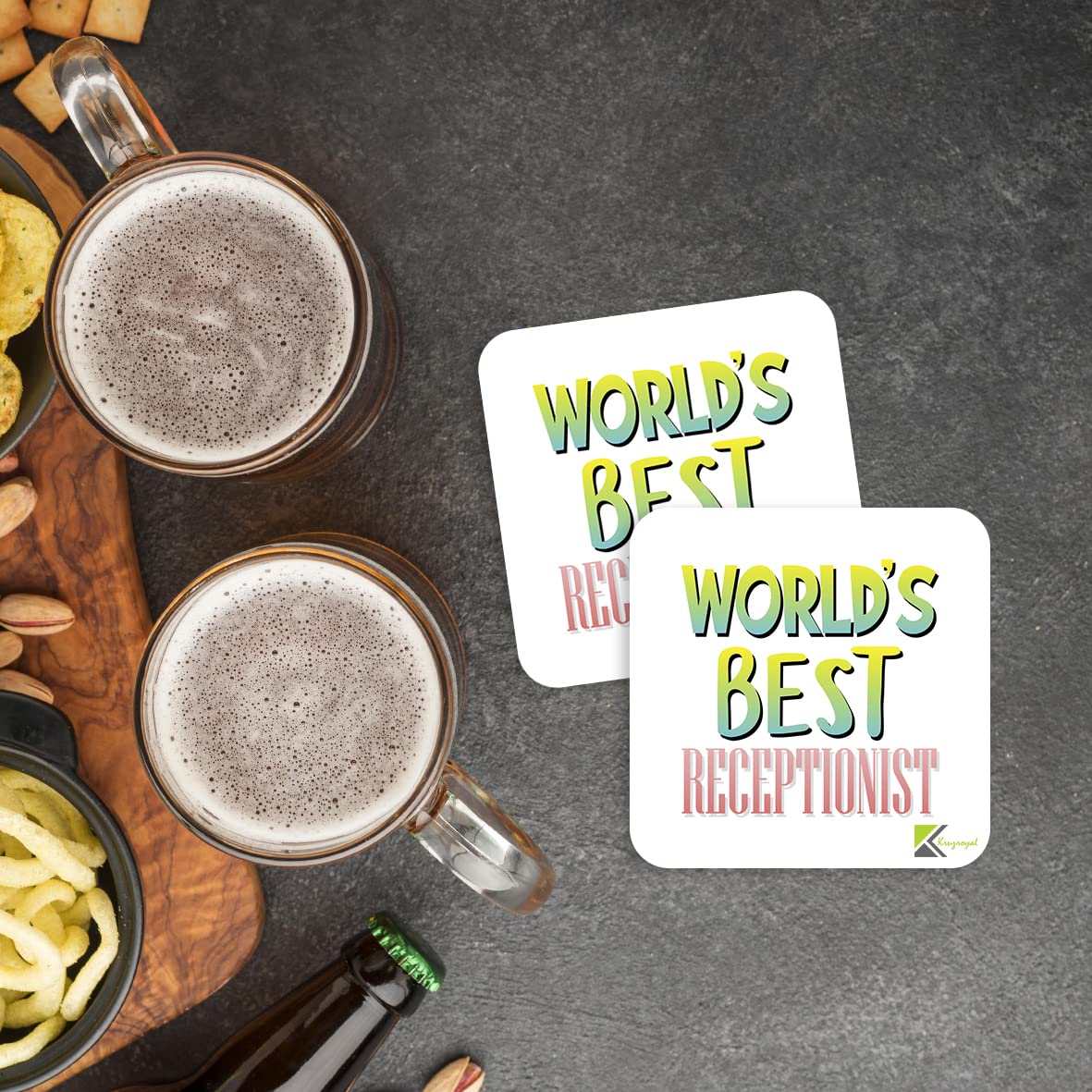 WB086 World's Best Receptionist MDF Wooden Coaster by Kruzroyal | Gift for Receptionist | Unique Novelty Present | 9cm x 9cm | Coffee Tea MDF Wooden Coaster