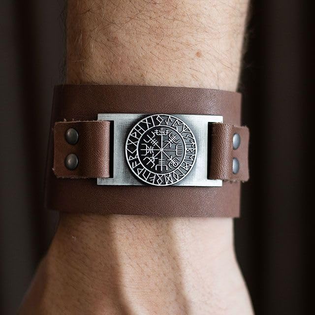 Something Different Wholesale Viking Leather Cuff Bracelet | Genuine Leather with Vegvisir Compass | Norse Warrior Style Adjustable Bracelet