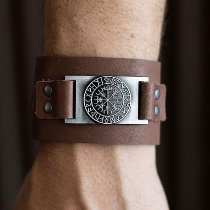 Something Different Wholesale Viking Leather Cuff Bracelet | Genuine Leather with Vegvisir Compass | Norse Warrior Style Adjustable Bracelet