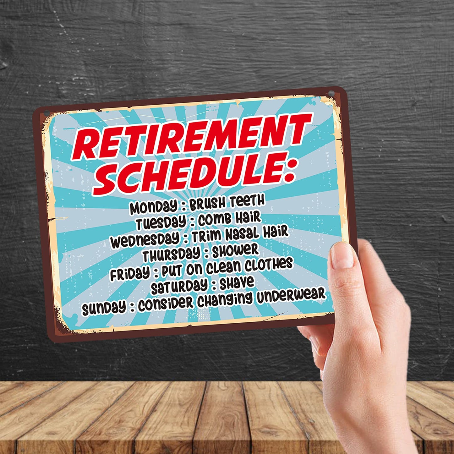 Kruzroyal MP164 Retirement Schedule Funny Novelty Retro Vintage Metal Wall Sign Plaque 20cm x 15cm