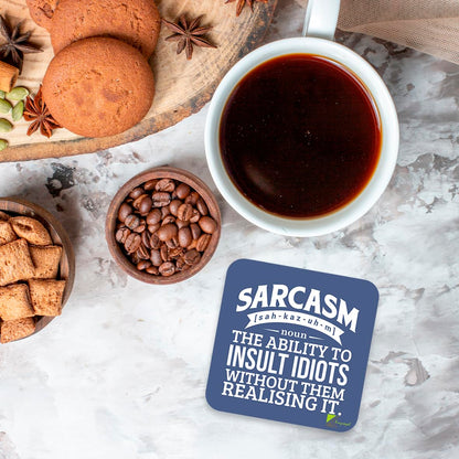 CS273 Defination sarcasm Novelty Funny Coffee Tea Drink Gift Glossy MDF Wooden Coaster | Gifts for Men, Women, Friend, Colleague | Birthday & Gag Gift