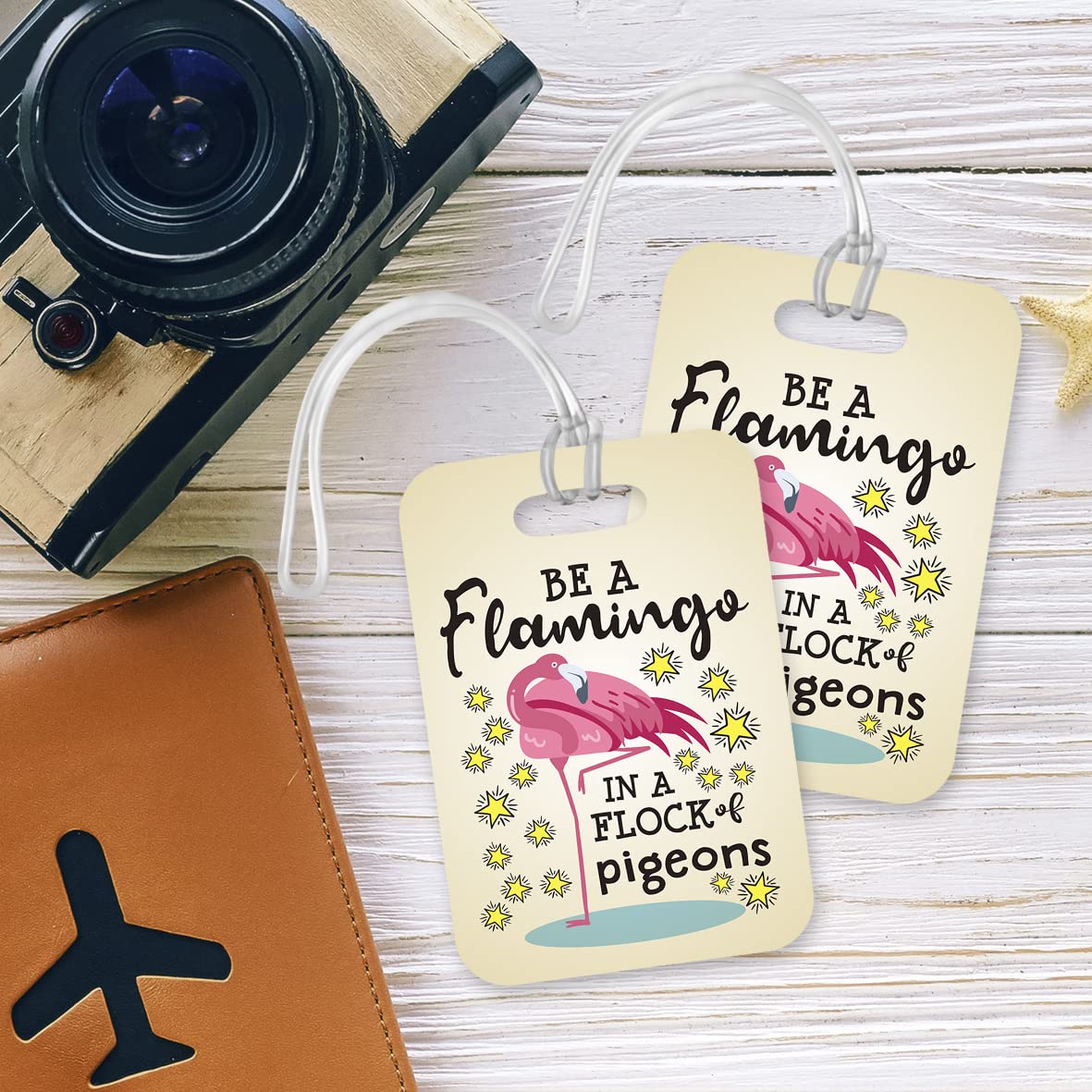 LT192 Be A Flamingo in A Flock of Pigeions Novelty Funny Unique Designer Gift Glossy Plastic Suitcase Luggage Tag