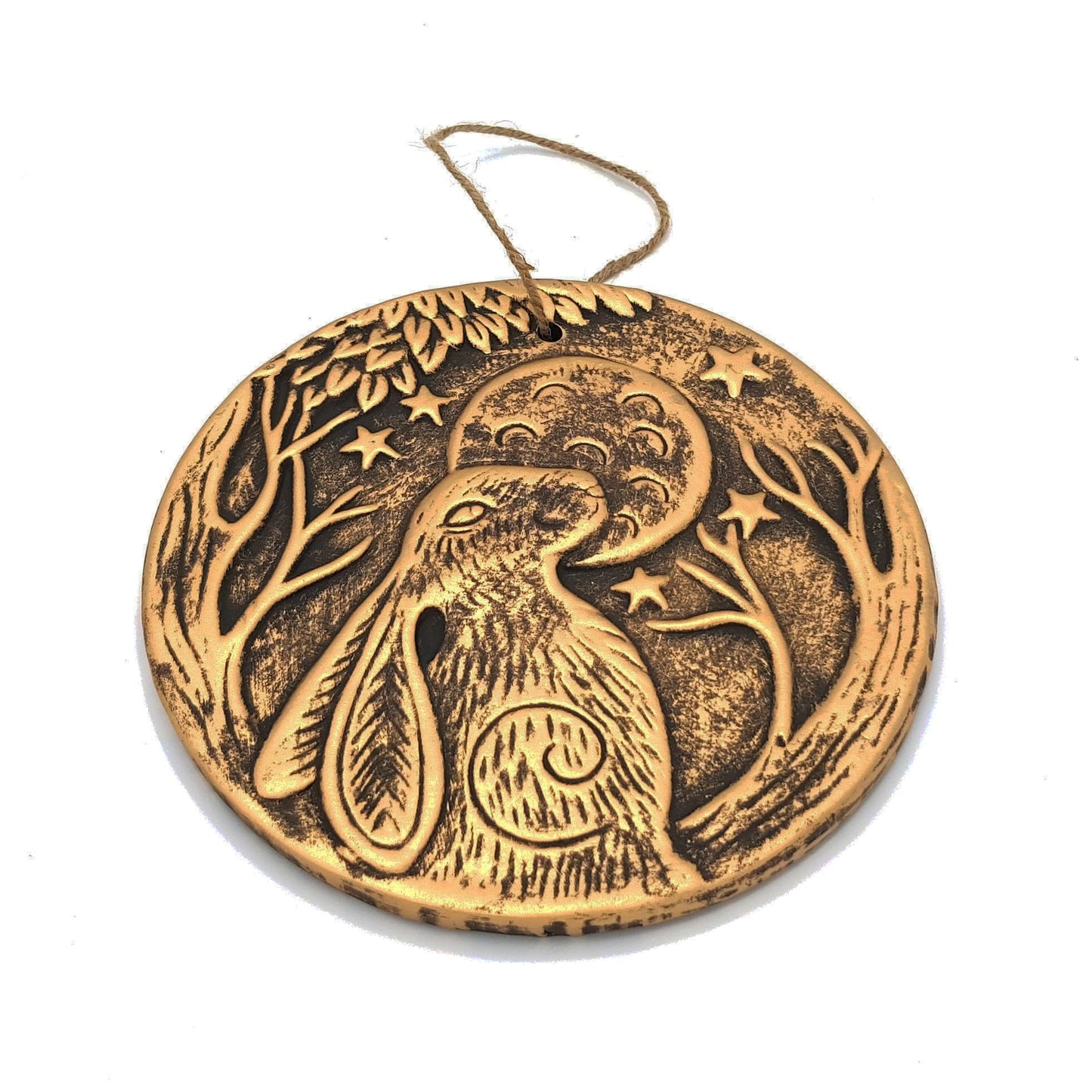 Stunning Copper-Finished Circular Terracotta Plaque - 20cm x 20.5cm (1 Pc) - "Moon Gazing Hare" Design - Perfect for Indoor & Outdoor Display, Brown