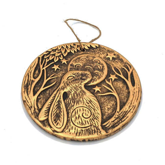 Stunning Copper-Finished Circular Terracotta Plaque - 20cm x 20.5cm (1 Pc) - "Moon Gazing Hare" Design - Perfect for Indoor & Outdoor Display, Brown