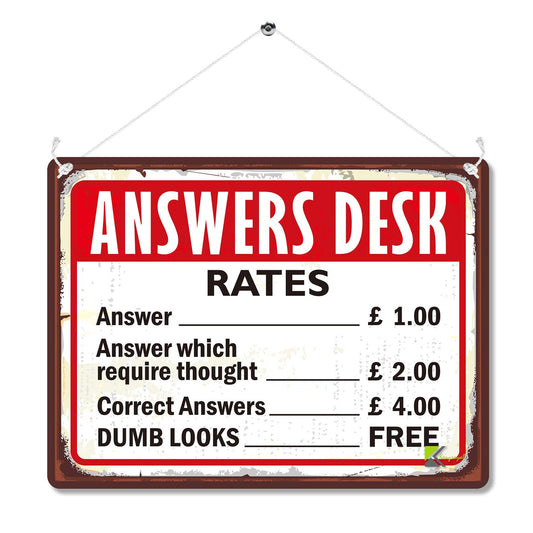 Kruzroyal Funny Office Desk Sign, Answers Desk Rates Retro Metal Plaque, Humorous Vintage Tin Sign for Workplace Study or Home Office, 20x15cm