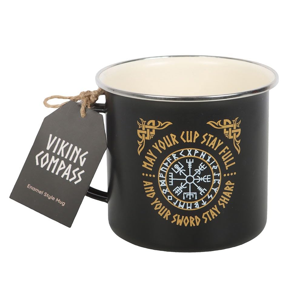 something different Metal Enamel Mug, 550ml, Black, Viking Vegvisir Compass Design, Norse Mythology Theme, Outdoor Adventure, Camping, Single Cup