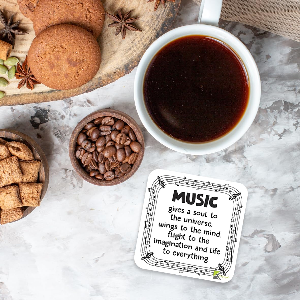 CS968 Music Gives a Soul to The Universe. Wings to The Mind. Flight to The Imagination and Life to Everything. Novelty Funny Coffee Tea Drink Gift Glossy MDF Wooden Coaster