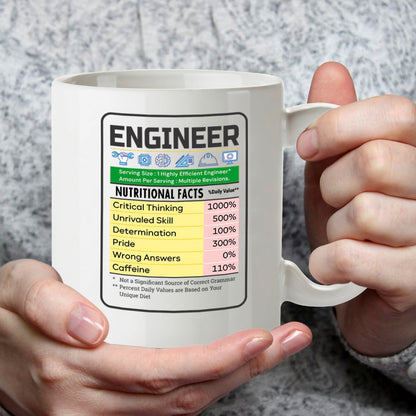 Kruzroyal Funny Engineer Mug Nutritional Facts - 11oz Ceramic Coffee Tea Cup Gift for Engineers Students Coworkers - Dishwasher Microwave Safe STEM Novelty Present