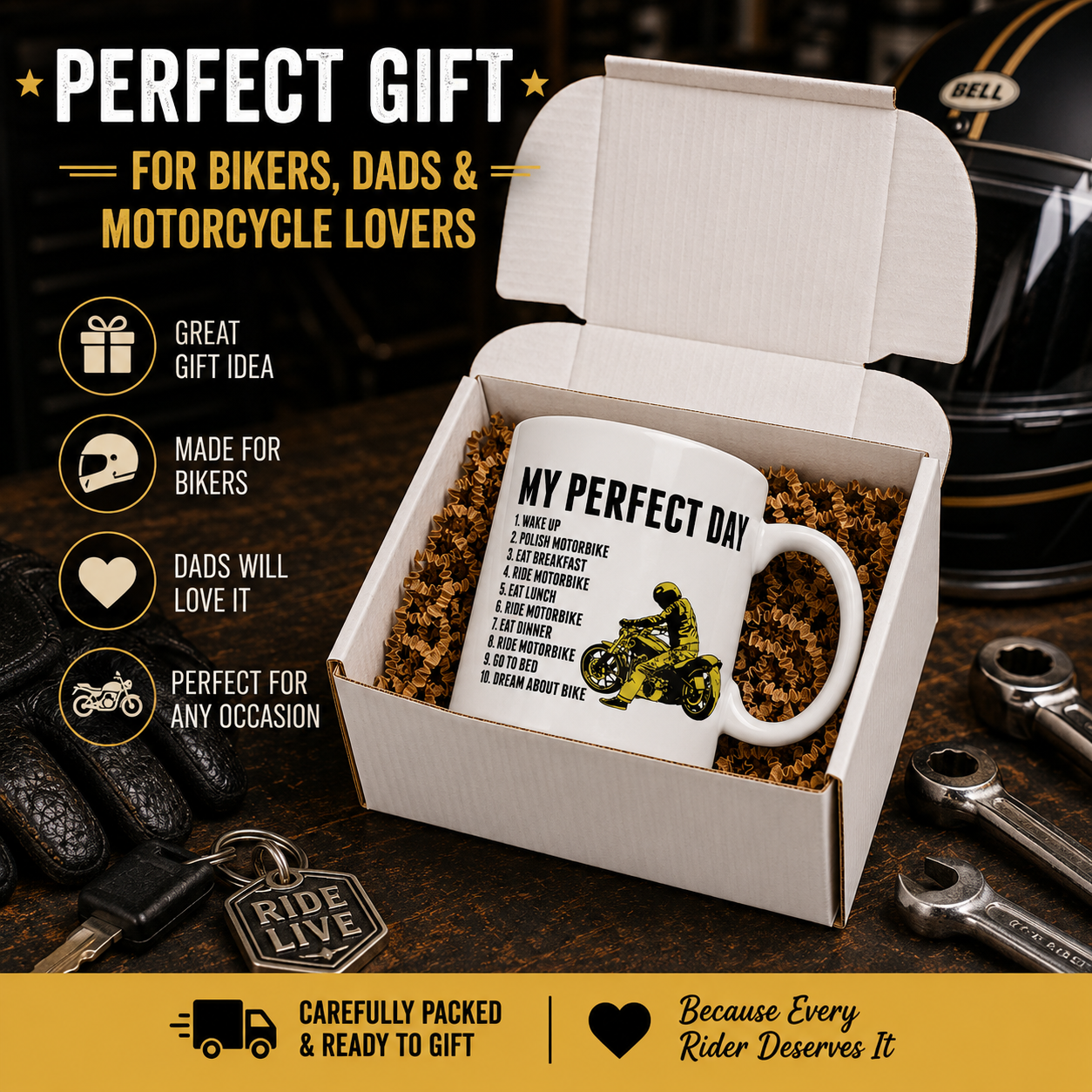 Funny Motorbike Mug – My Perfect Day Motorcycle Coffee Cup, Biker Gift for Men, Dad, Husband, Grandad & Bike Lovers, 11oz Ceramic Mug