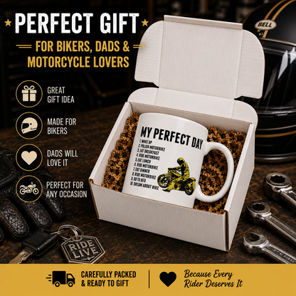 Funny Motorbike Mug – My Perfect Day Motorcycle Coffee Cup, Biker Gift for Men, Dad, Husband, Grandad & Bike Lovers, 11oz Ceramic Mug