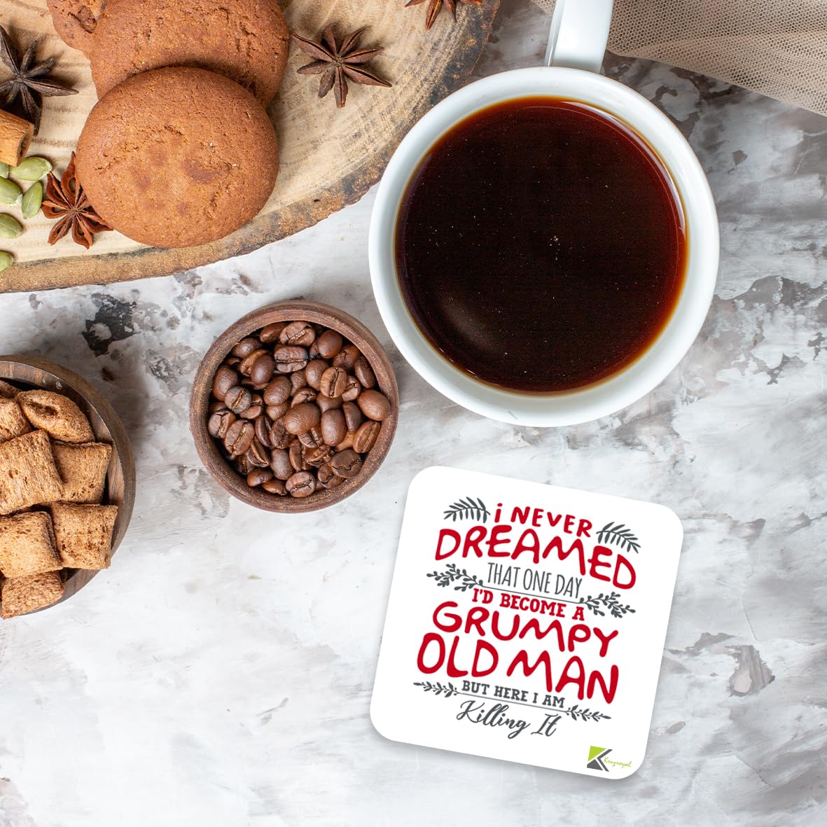 CS499 I never dreamed that one day i'd become a grumpy old man but here i am killing it Novelty Funny Coffee Tea Drink Gift Glossy MDF Wooden Coaster | Gifts for Dad, Grandad, Men, Him