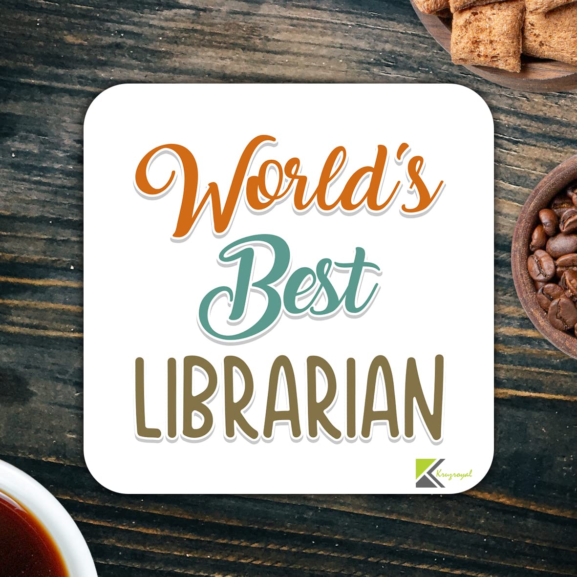 WB054 World's Best Librarian MDF Wooden Coaster by Kruzroyal | Gift for Librarian | Unique Novelty Present | 9cm x 9cm | Coffee Tea MDF Wooden Coaster