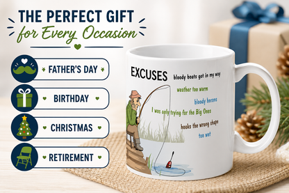 Kruzroyal Funny Fishing Excuses Mug, The Fisherman's Excuses Wrap Around Design, Novelty Angling Gift for Dad, Grandad or Husband, Funny Novelty Great Gift Idea Coffee Tea Cup11 oz