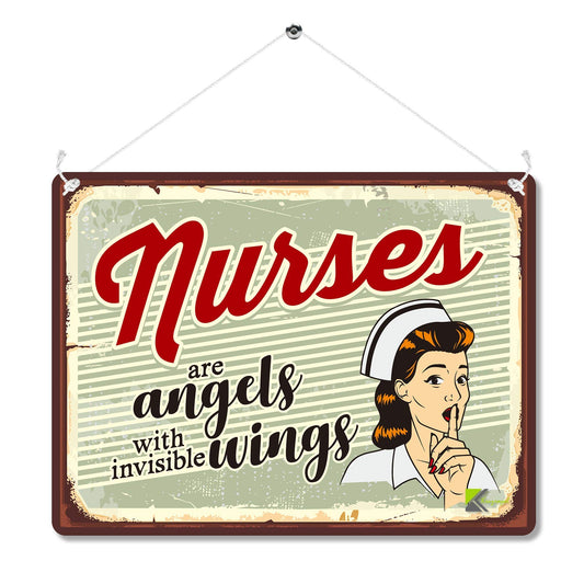 Kruzroyal Nurses Are Angels With Invisible Wings Metal Wall Sign, Heartwarming Retro Vintage Plaque Gift, Nurse Appreciation Decor for Home or Office, 20x15cm with Hanging String