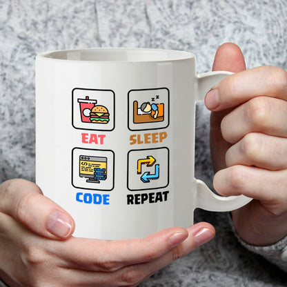 Kruzroyal DZ960 Eat Sleep Code Repeat Funny Programmer Coder Mug - Software Developer IT Tech Gift - 11oz White Ceramic Coffee Cup