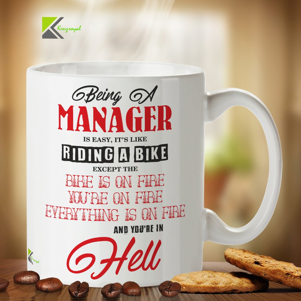 Kruzroyal Funny Manager Mug, Being A Manager is Easy Riding A Bike On Fire Design, Novelty Gift for Boss, Team Leader or Supervisor, Funny Novelty Great Gift Idea Coffee Tea Mug DZ144