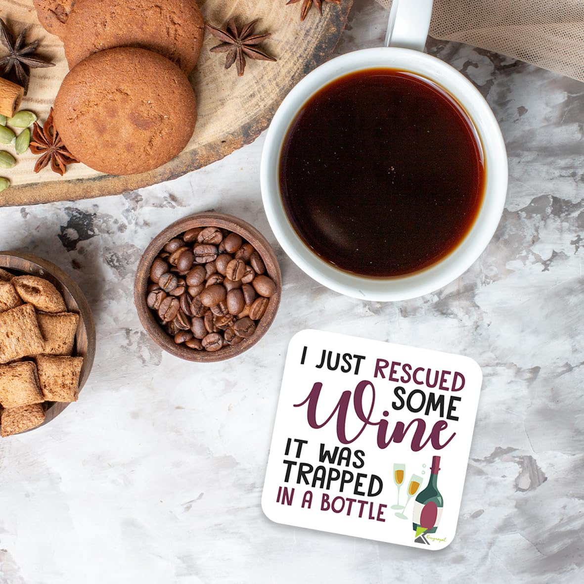 CS986 I just rescued some wine, it was trapped in a bottle Novelty Funny Coffee Tea Drink Gift Glossy MDF Wooden Coaster Humorous Gift for Women, Her, Friend, Mum - Home Bar Kitchen Accessory