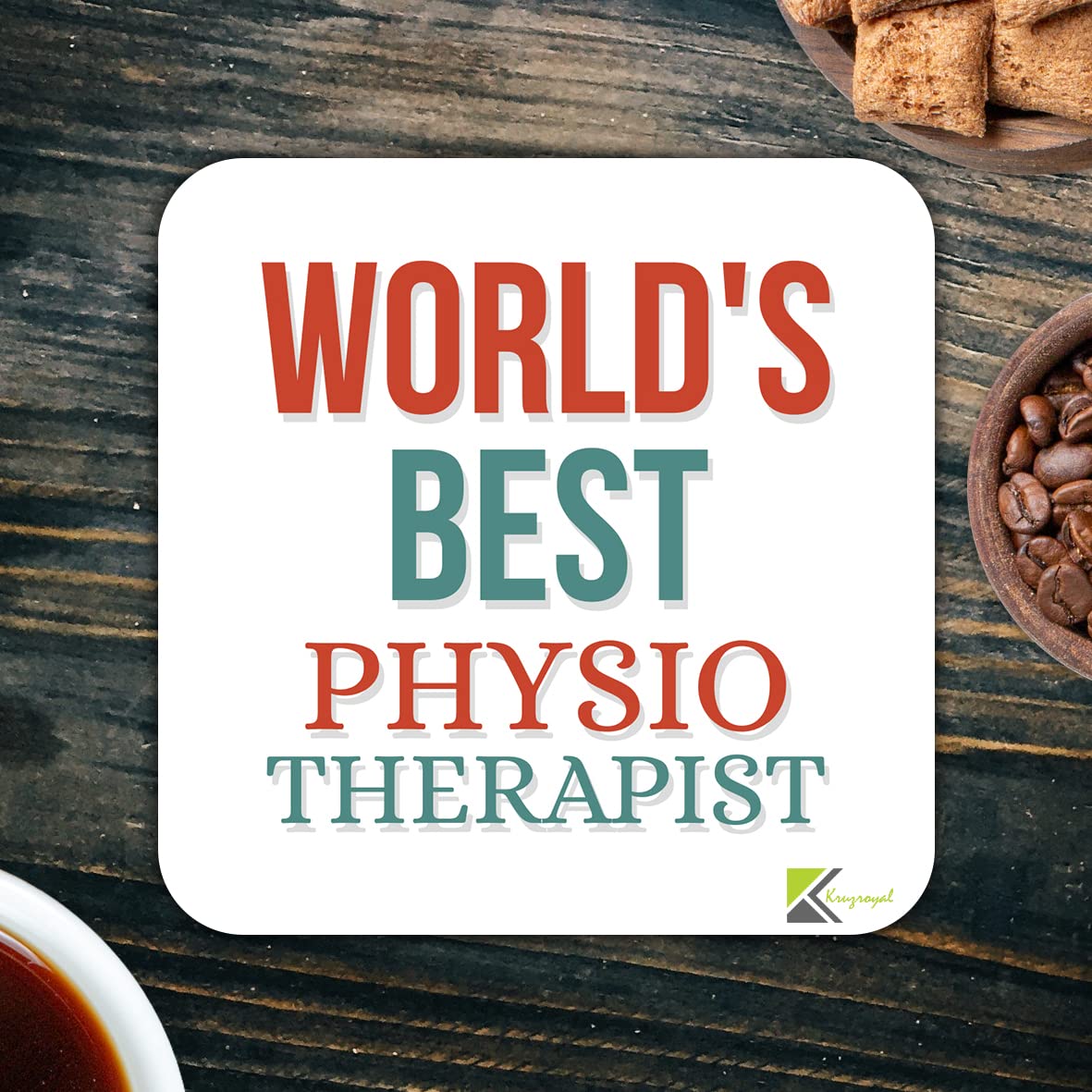 WB071 World's Best Physiotherapist MDF Wooden Coaster by Kruzroyal | Gift for Physiotherapist | Unique Novelty Present | 9cm x 9cm | Coffee Tea MDF Wooden Coaster
