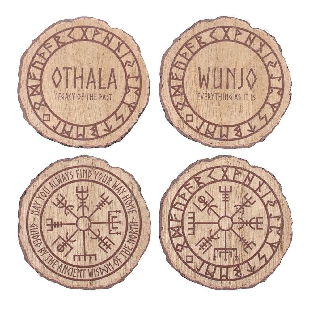 Something Different MDF Norse Mythology Wood Slice Coasters, Set of 4, Viking-Inspired Rune Symbols, 9.5 x 9.5 cm