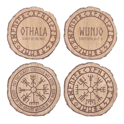 Something Different MDF Norse Mythology Wood Slice Coasters, Set of 4, Viking-Inspired Rune Symbols, 9.5 x 9.5 cm