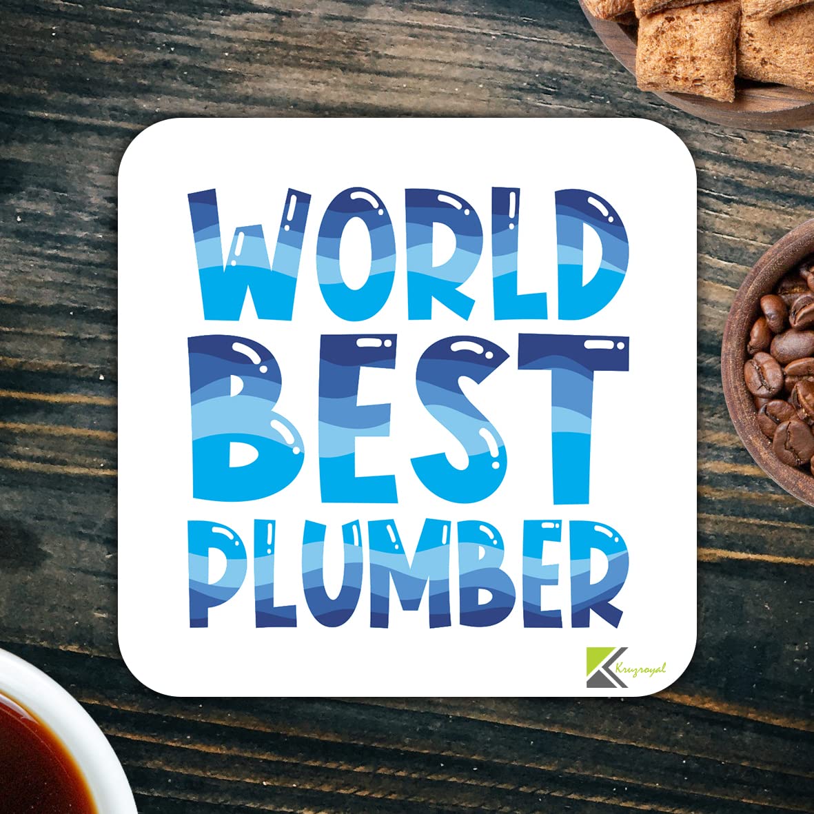 WB005 World's Best Plumber MDF Wooden Coaster by Kruzroyal | Gift for Plumber | Unique Novelty Present | 9cm x 9cm | Coffee Tea MDF Wooden Coaster