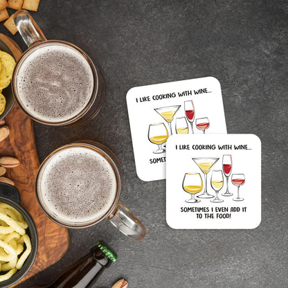 CS611 I Like Cooking with Wine Sometimes i Even add it to The Food! Novelty Funny Coffee Tea Drink Gift Glossy MDF Wooden Coaster