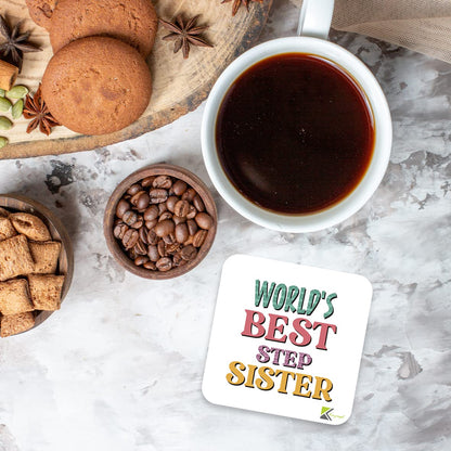 WB018 World's Best Step Sister MDF Wooden Coaster by Kruzroyal | Gift for Step Sister | Unique Novelty Present | 9cm x 9cm | Coffee Tea MDF Wooden Coaster