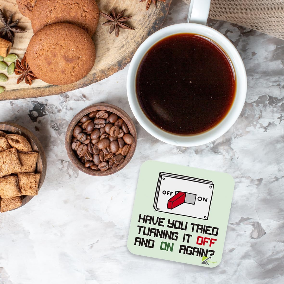 CS070 Have you tried turning it off and on again? Novelty Funny Coffee Tea Gift Glossy MDF Wooden Coaster | Gifts for Tech Support, Dad, Men, Colleagues – MDF Drink Mat – Fathers Day & Geek Present