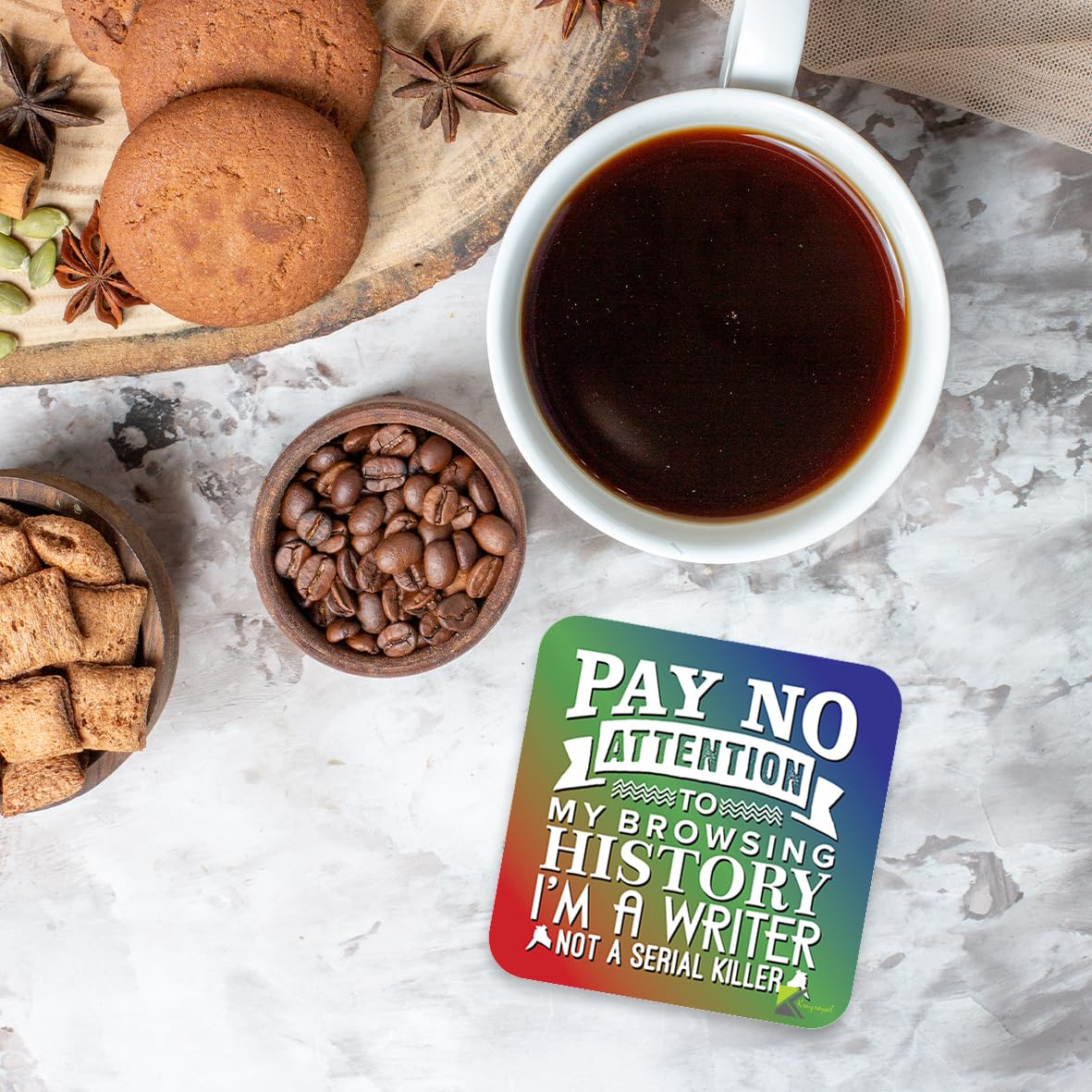 CS201 Pay no attention to my browsing history i'm a writer not a serial killer Novelty Funny Coffee Tea Drink Gift Glossy MDF Wooden Coaster | Gifts for Writers, Authors, Her, Him