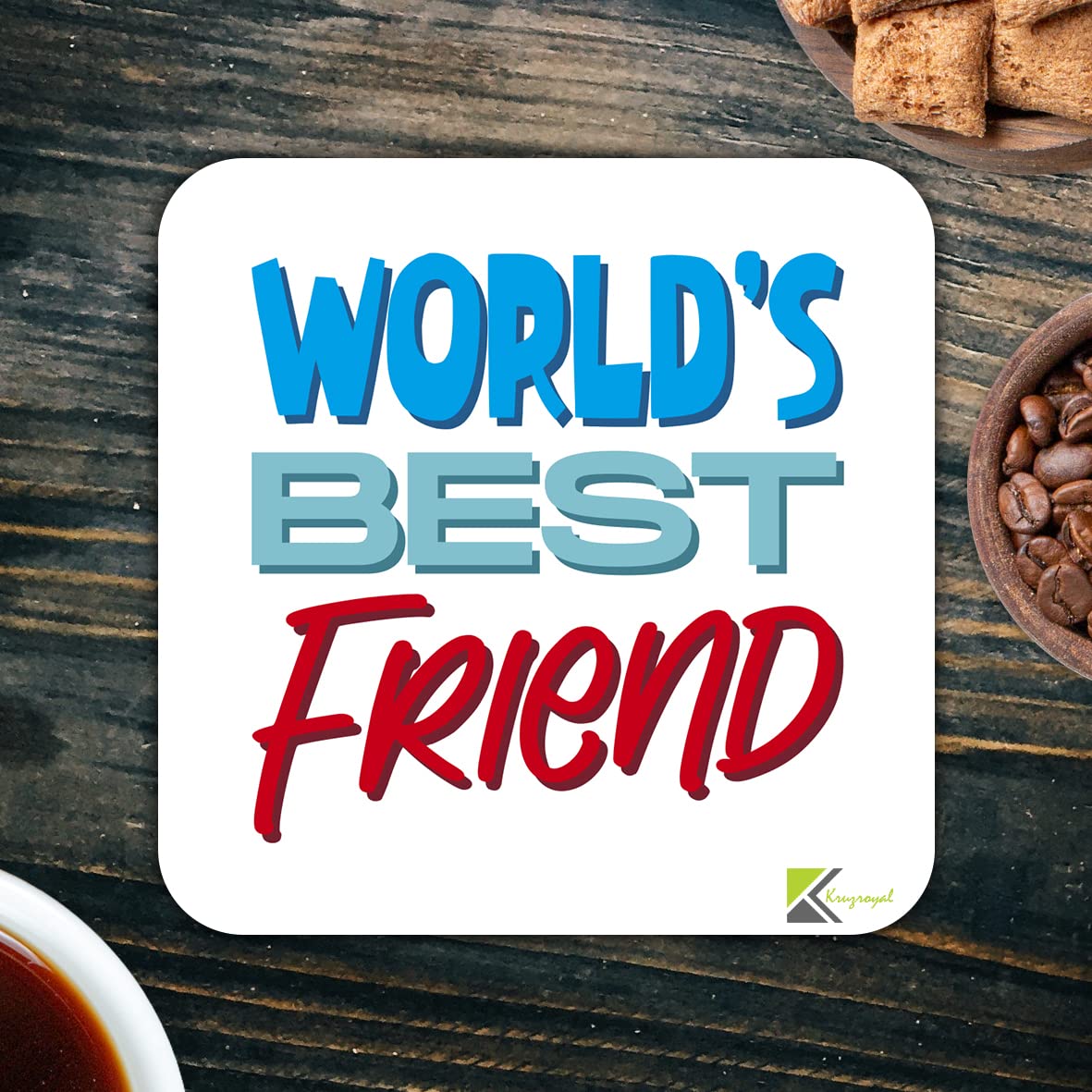 WB023 World's Best Friend MDF Wooden Coaster by Kruzroyal | Gift for Friend | Unique Novelty Present | 9cm x 9cm | Coffee Tea MDF Wooden Coaster