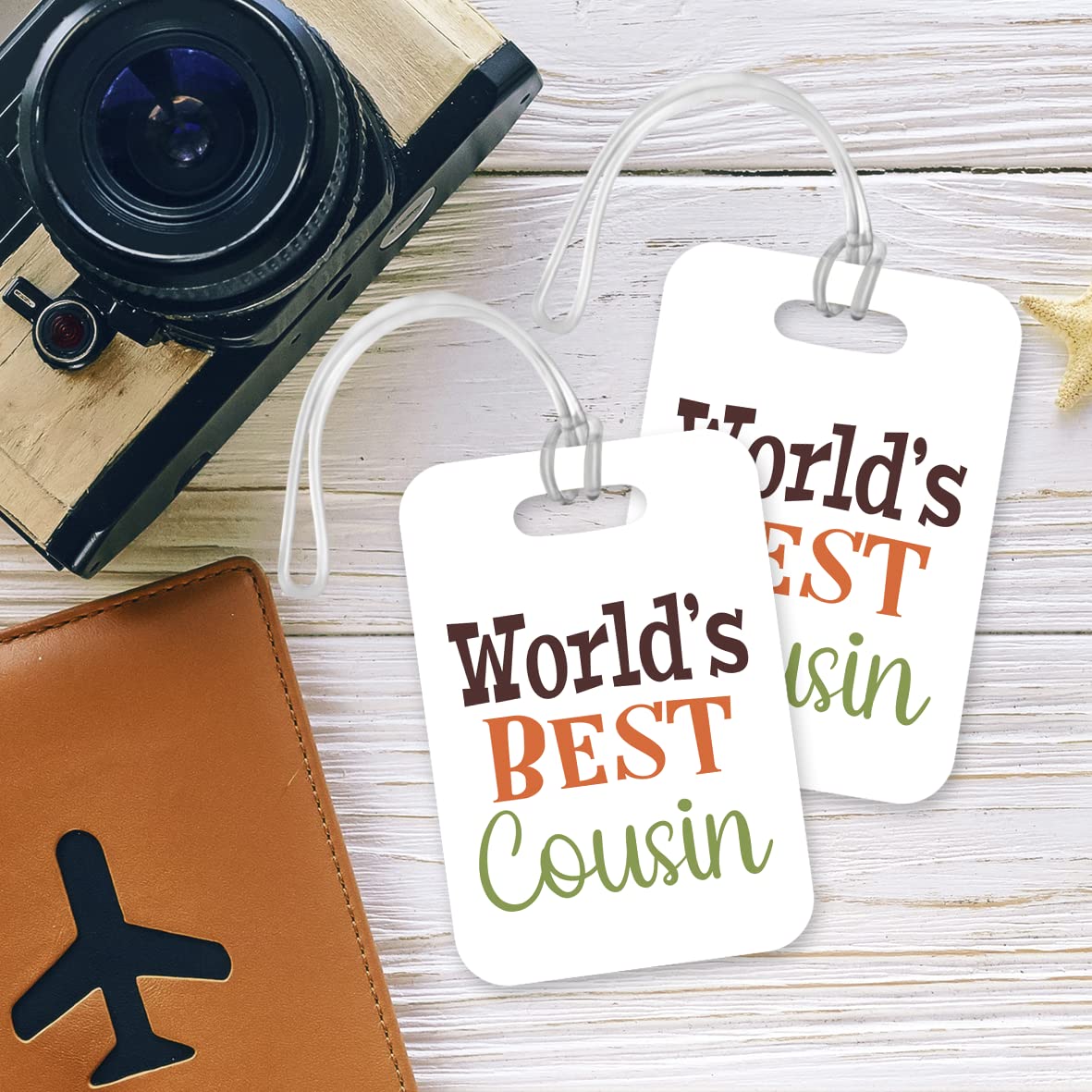 LT442 World's Best Cousin Novelty Funny Unique Designer Gift, Suitcase, Glossy Plastic Luggage Tag for Cousin