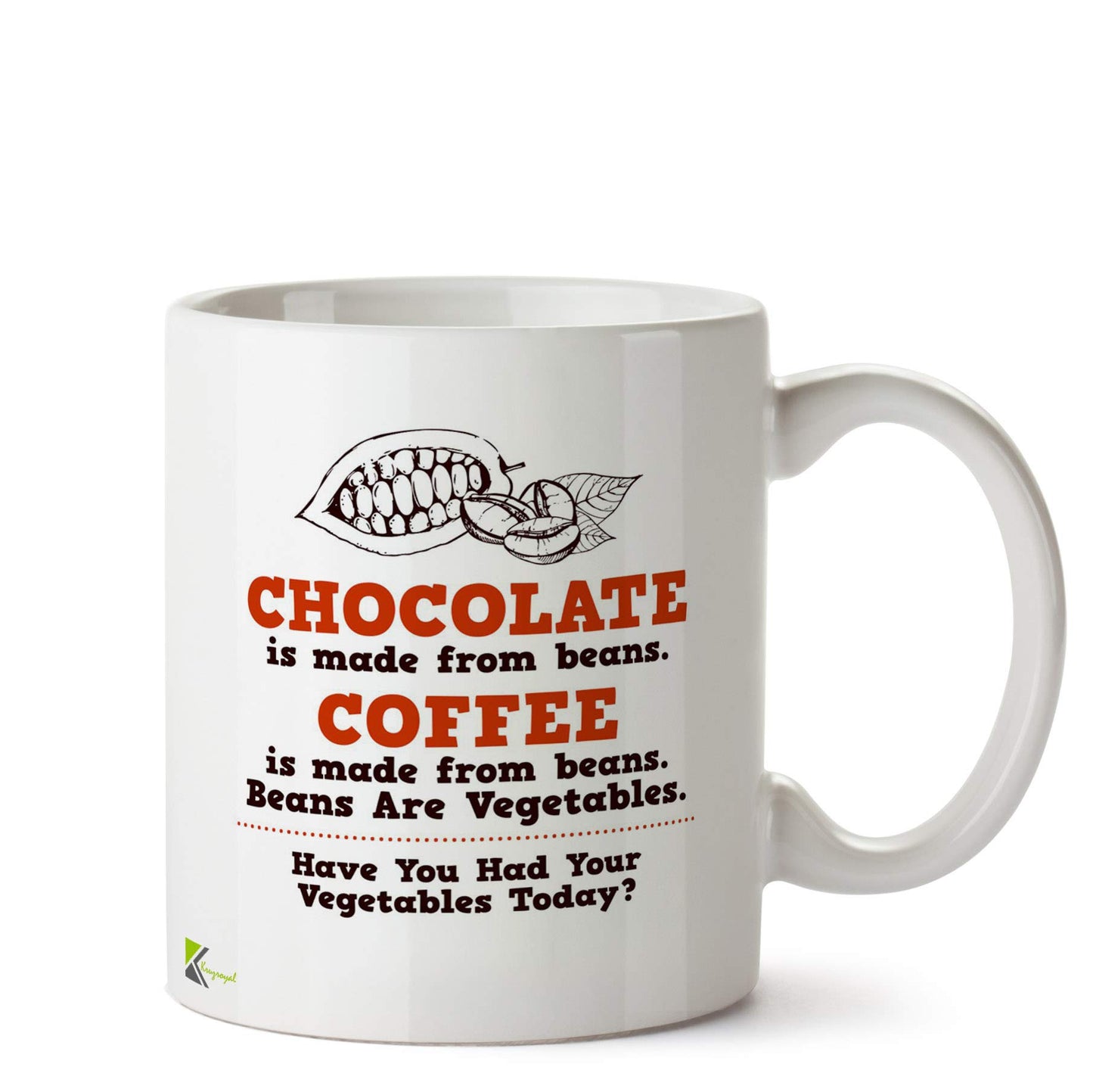 Kruzroyal Funny Chocolate Coffee Vegetables Mug | Humorous Food Joke Ceramic Tea Cup Gift for Coffee Lover, Sweet Tooth, Vegan