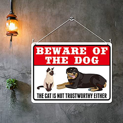 Kruzroyal MP364 BEWARE Of the dog, The cat is not trustworthy either. Funny Novelty Retro Vintage Metal Wall Sign Plaque 20cm x 15cm
