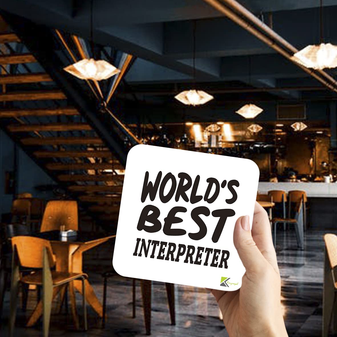 WB040 World's Best Interpreter MDF Wooden Coaster by Kruzroyal | Gift for Interpreter | Unique Novelty Present | 9cm x 9cm | Coffee Tea MDF Wooden Coaster