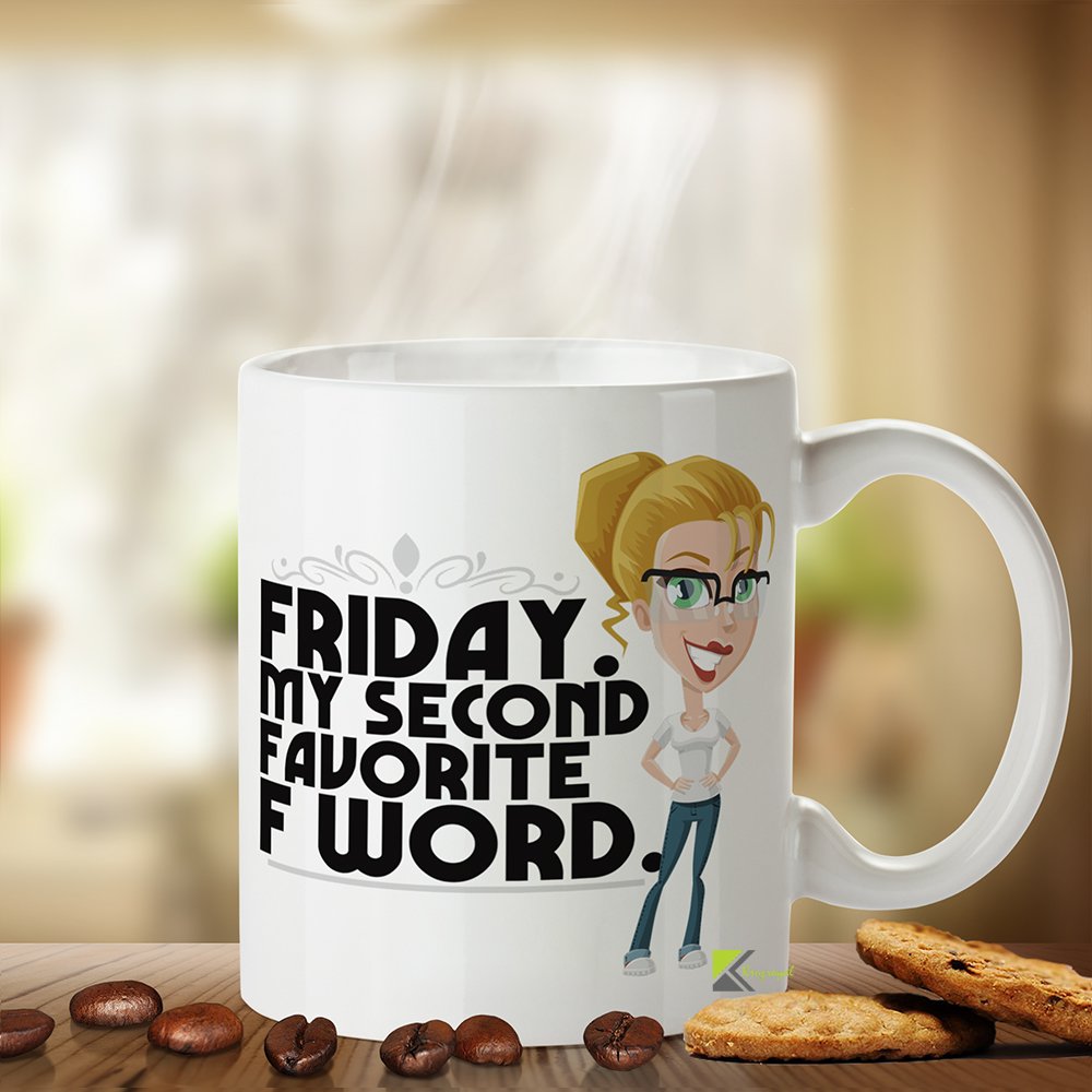 Kruzroyal Funny Work Mug, Friday My Second Favorite F Word Design, Sarcastic Office Gift for Colleagues & Women, White Ceramic Coffee Cup, 11 oz DZ074