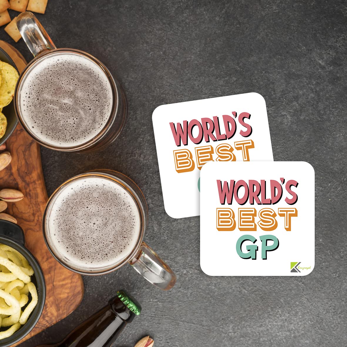 WB080 World's Best GP MDF Wooden Coaster by Kruzroyal | Gift for GP | Unique Novelty Present | 9cm x 9cm | Coffee Tea MDF Wooden Coaster